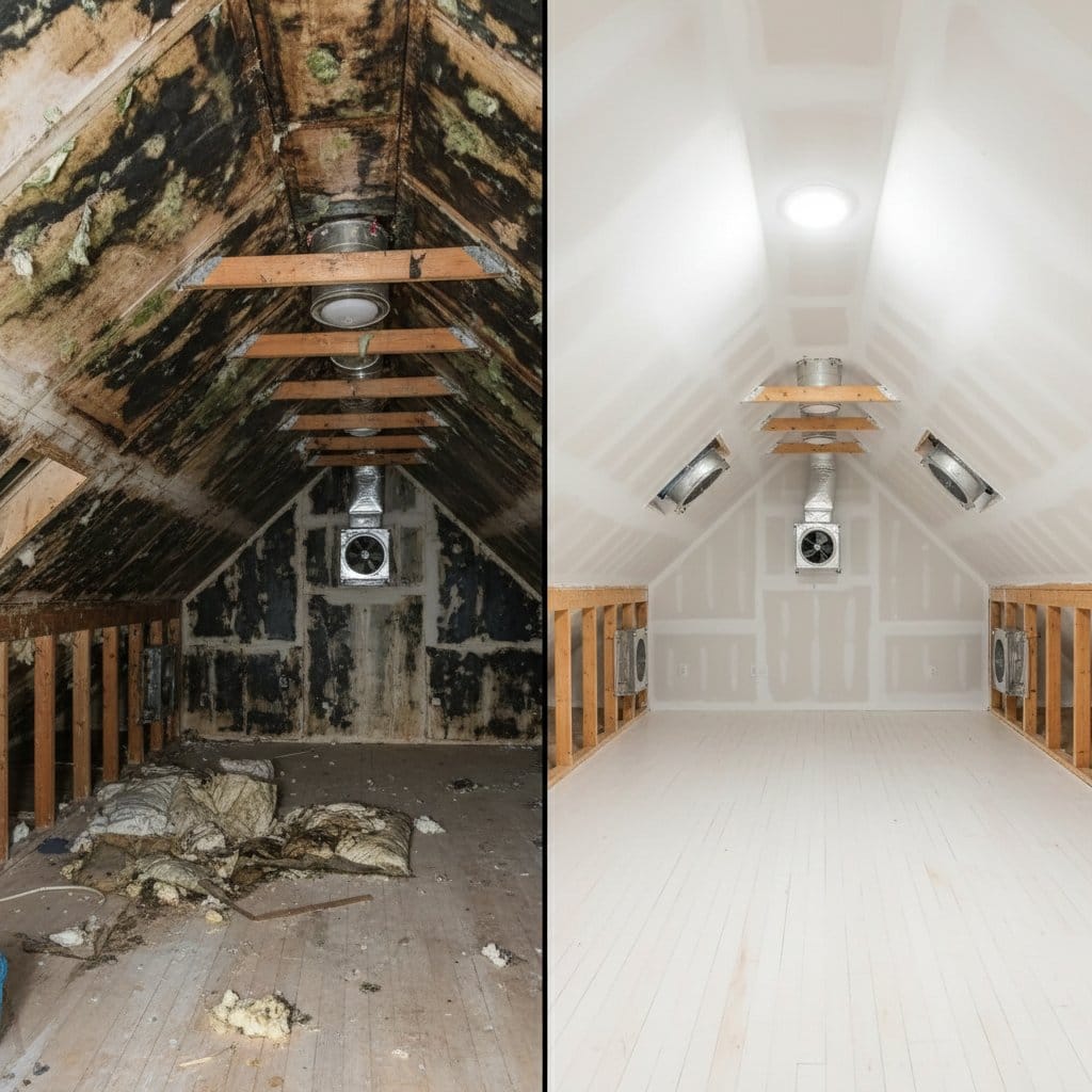 Before and after mold removal & remediation in Woodcliff Lake commercial property attic space