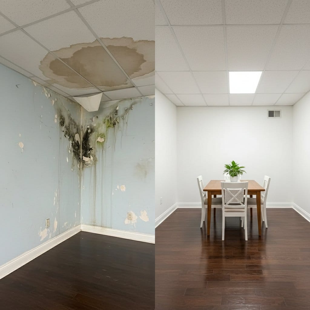 Before and after black mold removal in Woodcliff Lake bungalow dining room