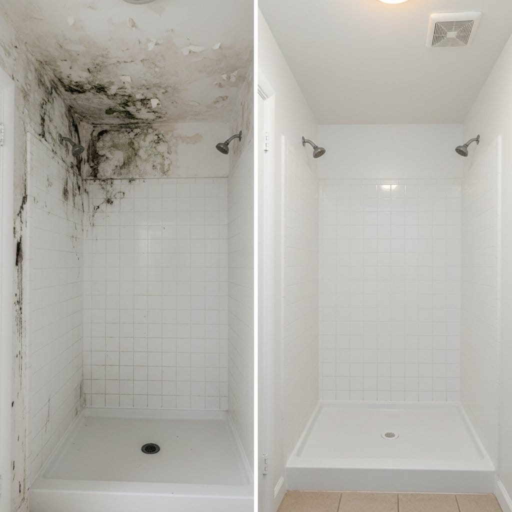 Before and after basement & foundation mold removal in Woodcliff Lake private residence bathroom