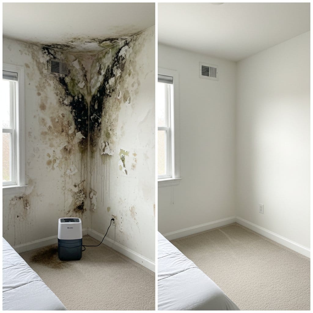 Before and after bathroom & kitchen mold removal in Woodcliff Lake bi-level home bedroom