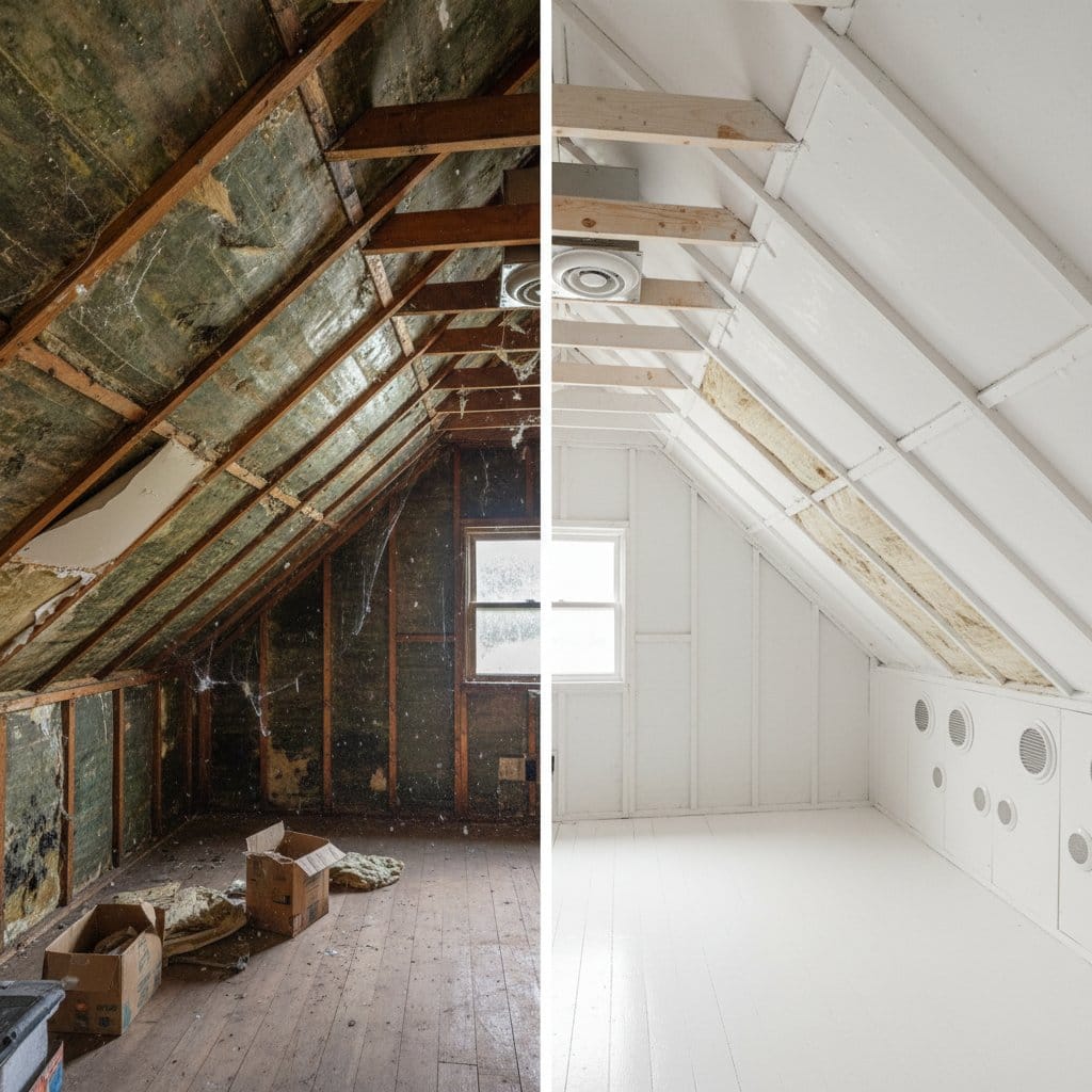 Before and after post-remediation cleaning & clearance in Woodcliff Lake single-family home attic space