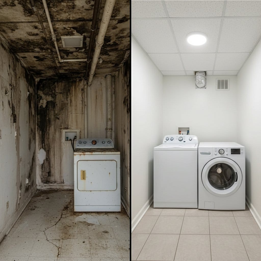 Odor Removal & Disinfection restoration β laundry room of Cape Cod house in Woodcliff Lake, NJ