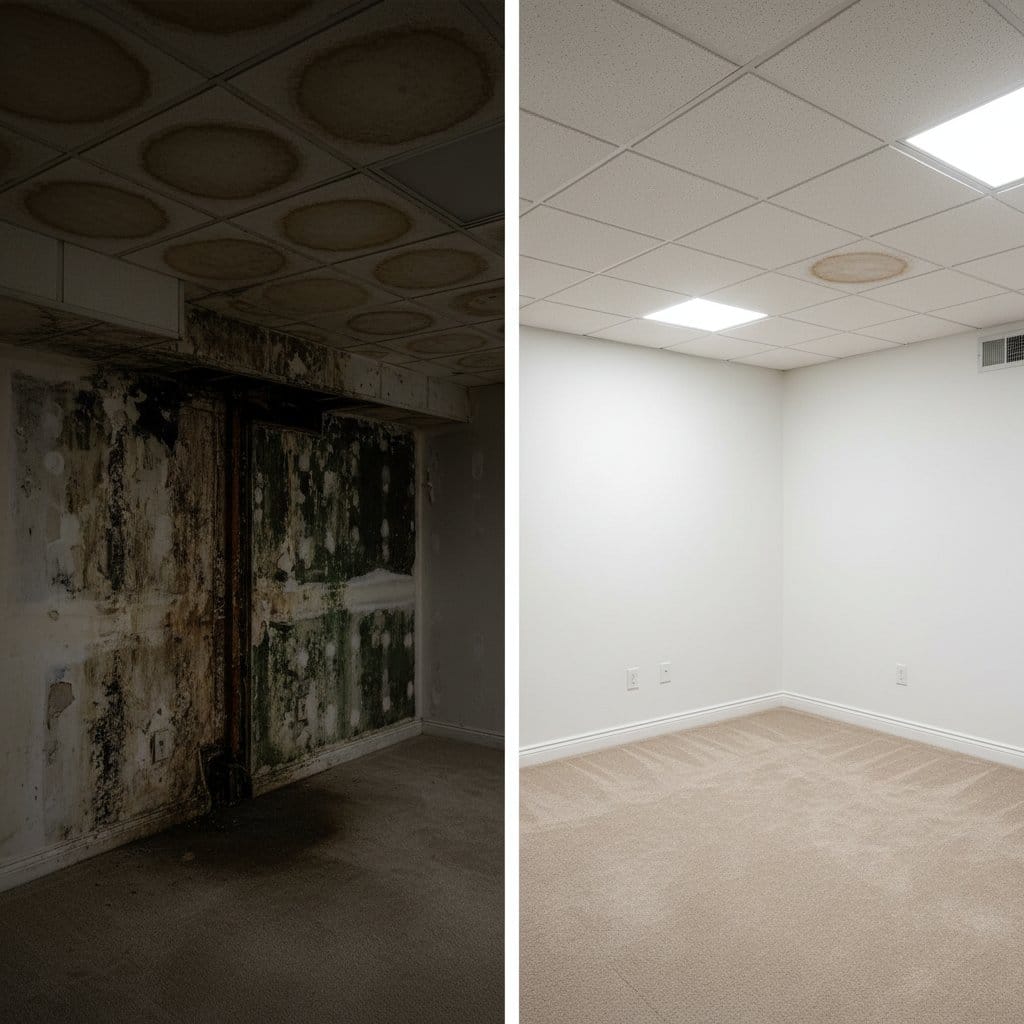 Humidity & Moisture Control Solution before and after in finished basement, Woodcliff Lake NJ