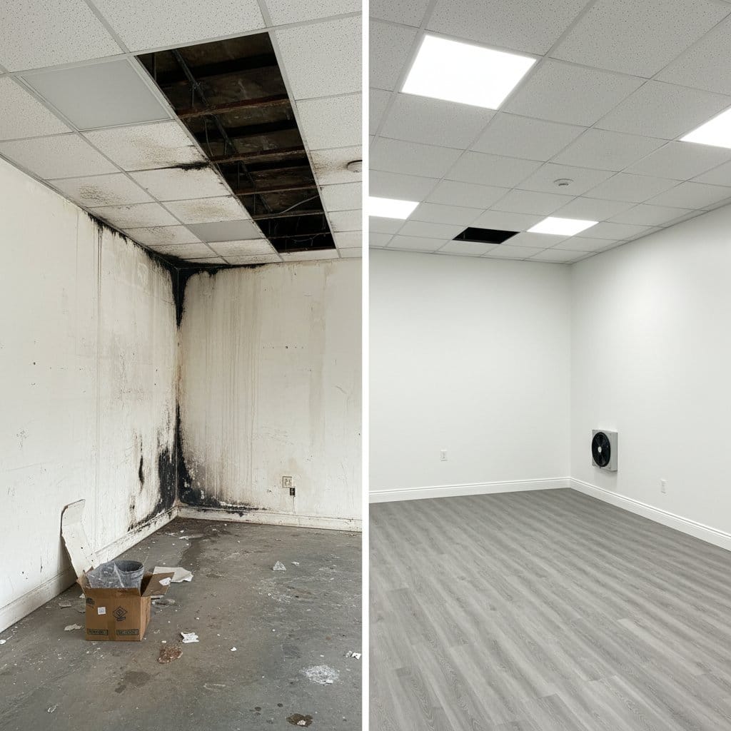 Before and after humidity & moisture control solution in Woodcliff Lake townhouse storefront interior