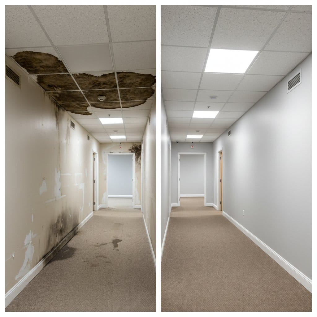 Woodcliff Lake Mold Removal commercial office space restoration before and after in Woodcliff Lake